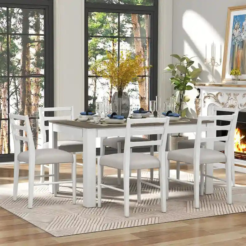 7 Piece Wooden Furniture Set, Extendable Kitchen Table Set with Leaf and 2 Drawers, 6 Upholstered Dining Chairs