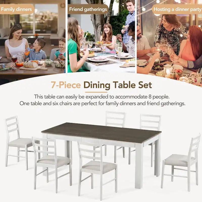 7 Piece Wooden Furniture Set, Extendable Kitchen Table Set with Leaf and 2 Drawers, 6 Upholstered Dining Chairs