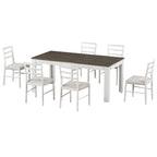 7 Piece Wooden Furniture Set, Extendable Kitchen Table Set with Leaf and 2 Drawers, 6 Upholstered Dining Chairs