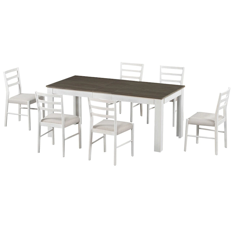 7 Piece Wooden Furniture Set, Extendable Kitchen Table Set with Leaf and 2 Drawers, 6 Upholstered Dining Chairs