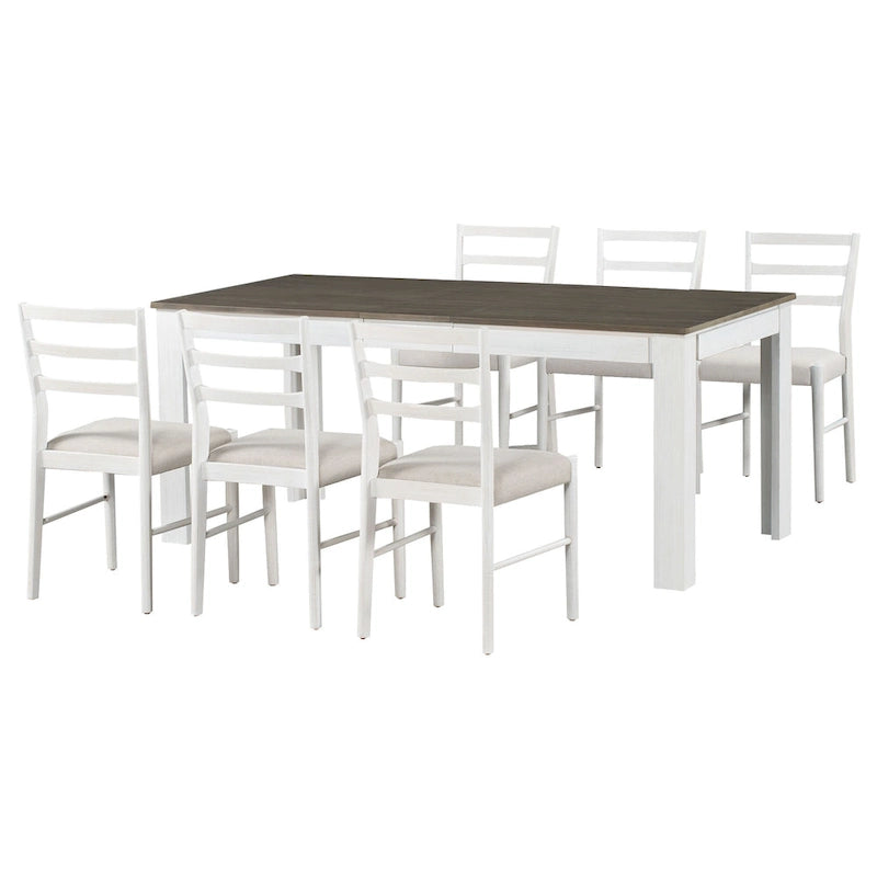 7 Piece Wooden Furniture Set, Extendable Kitchen Table Set with Leaf and 2 Drawers, 6 Upholstered Dining Chairs