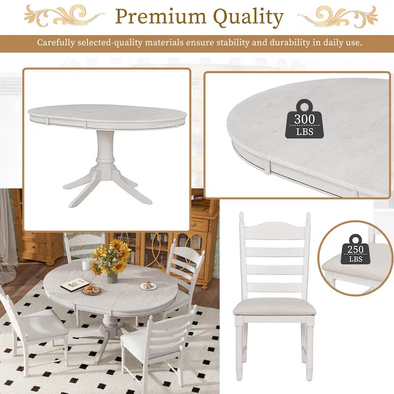5 Piece Round Dining Table Set, Solid Wood Kitchen Table and Chair Set with Extendable Table and 4 Upholstered Chairs
