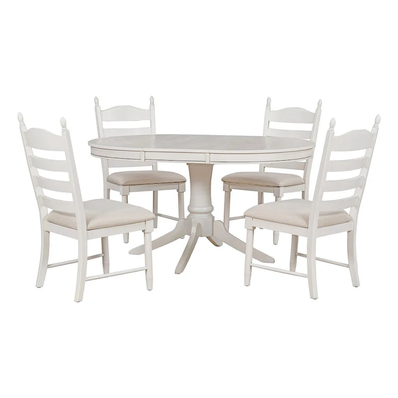 5 Piece Round Dining Table Set, Solid Wood Kitchen Table and Chair Set with Extendable Table and 4 Upholstered Chairs