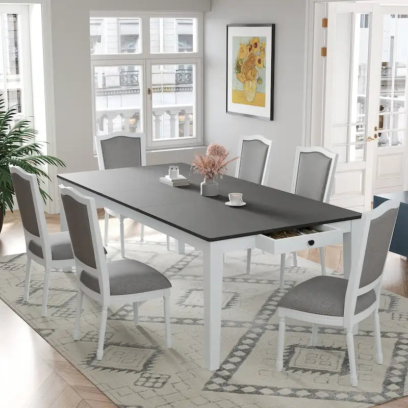 Set tavolo da pranzo da 7 pezzi, set tavolo e sedie in legno massello con tavolo da pranzo allungabile, 2 cassetti e 6 sedie imbottite