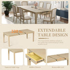 7 Pcs Dining Table Set, Solid Wood Table and Chairs Set with Extendable Dining Table, 2 Drawers and 6 Upholstered Chairs