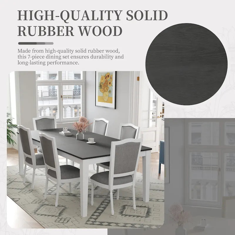 7 Pcs Dining Table Set, Solid Wood Table and Chairs Set with Extendable Dining Table, 2 Drawers and 6 Upholstered Chairs