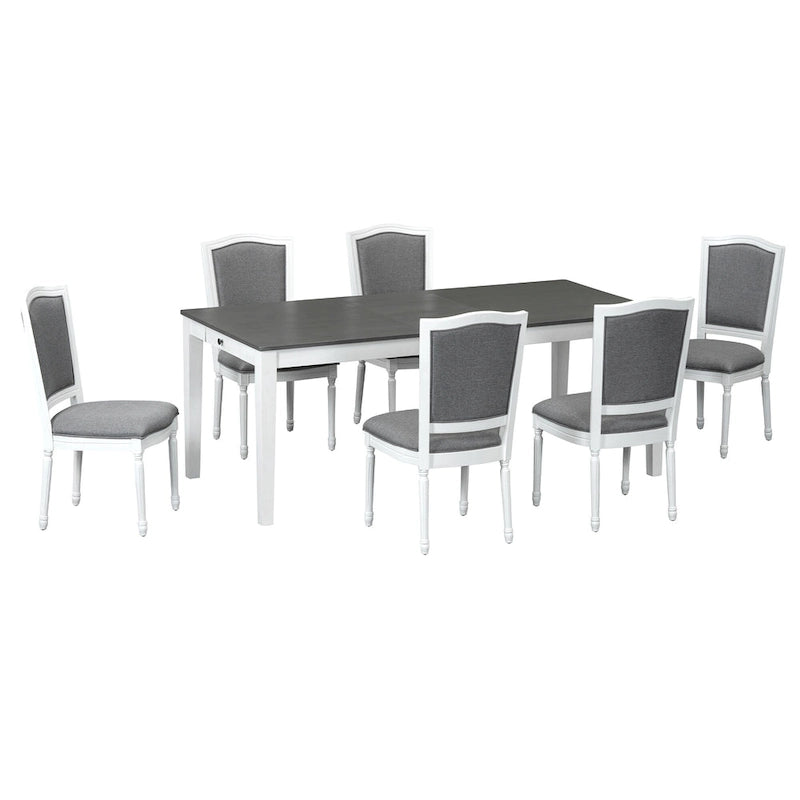7 Pcs Dining Table Set, Solid Wood Table and Chairs Set with Extendable Dining Table, 2 Drawers and 6 Upholstered Chairs