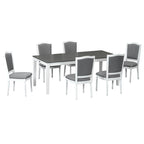 7 Pcs Dining Table Set, Solid Wood Table and Chairs Set with Extendable Dining Table, 2 Drawers and 6 Upholstered Chairs