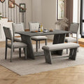 Set da pranzo di 6 pezzi, set tavolo da pranzo e sedie da cucina in legno con tavolo rettangolare, 4 sedie imbottite e 1 panca