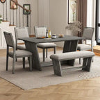 Set da pranzo di 6 pezzi, set tavolo da pranzo e sedie da cucina in legno con tavolo rettangolare, 4 sedie imbottite e 1 panca