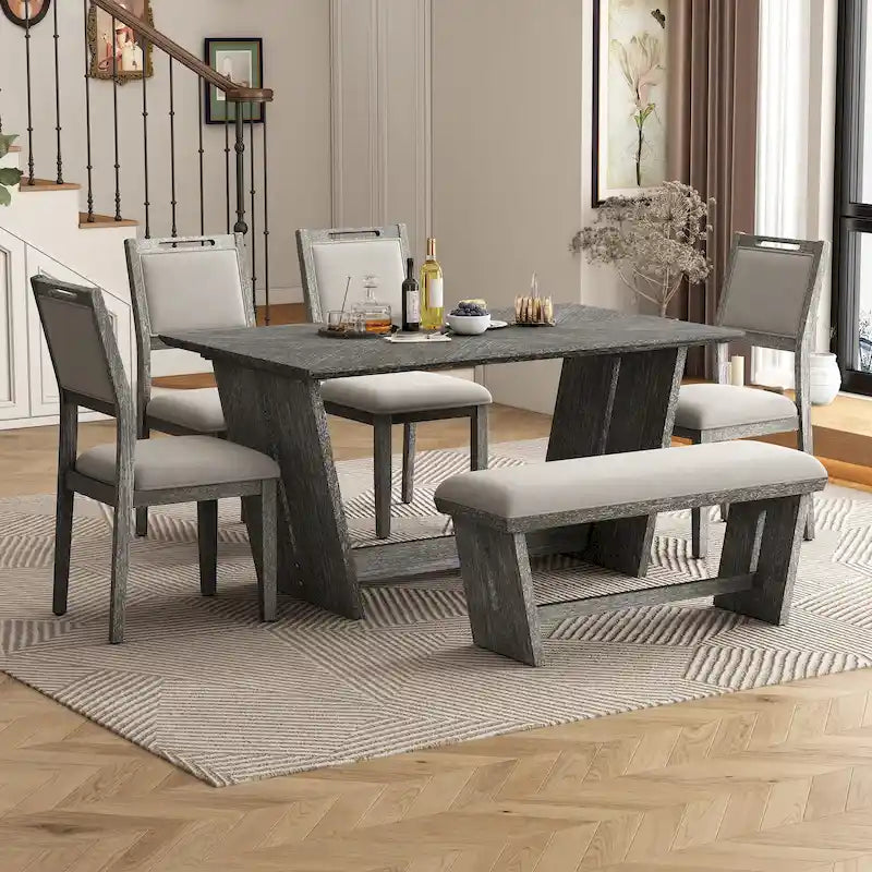 Set da pranzo di 6 pezzi, set tavolo da pranzo e sedie da cucina in legno con tavolo rettangolare, 4 sedie imbottite e 1 panca