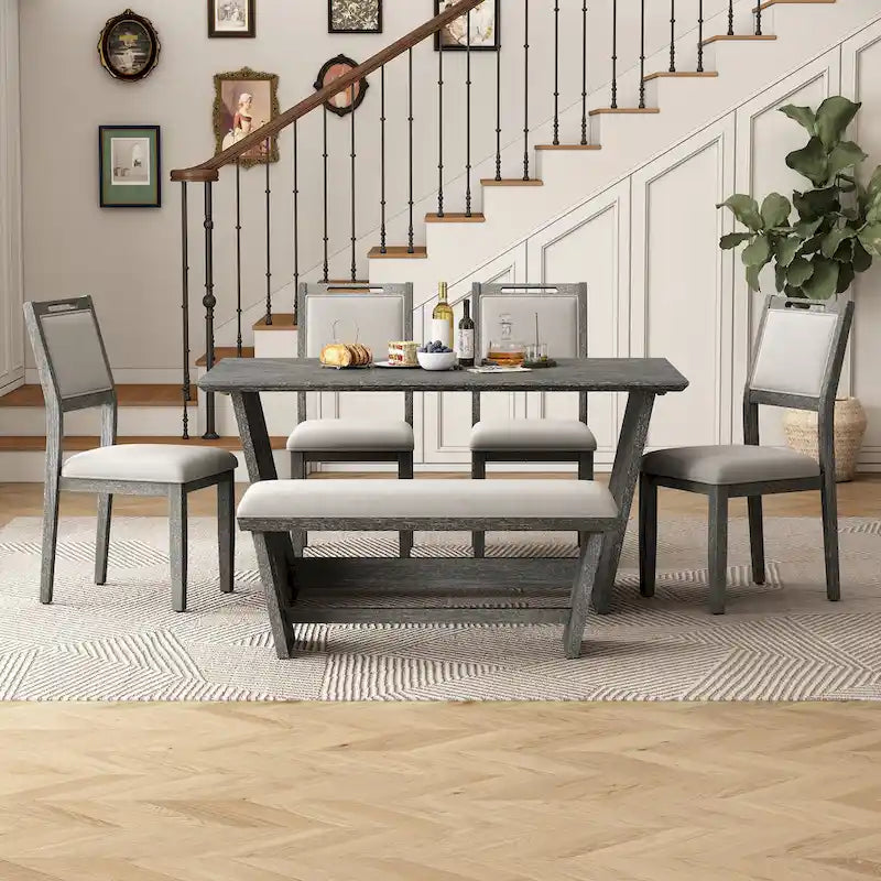 Set da pranzo di 6 pezzi, set tavolo da pranzo e sedie da cucina in legno con tavolo rettangolare, 4 sedie imbottite e 1 panca
