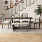 Set da pranzo di 6 pezzi, set tavolo da pranzo e sedie da cucina in legno con tavolo rettangolare, 4 sedie imbottite e 1 panca