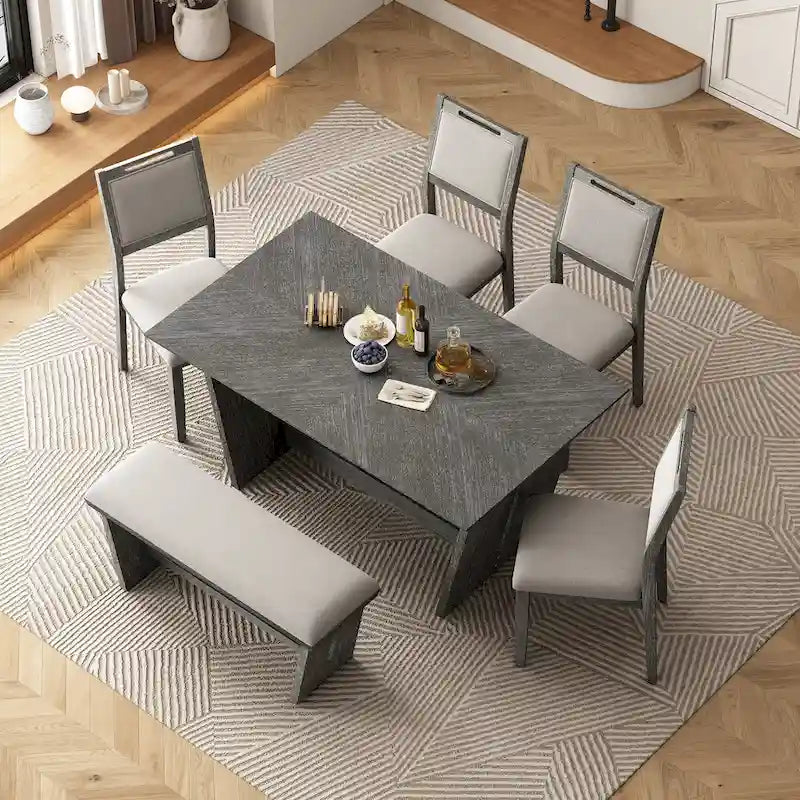 Set da pranzo di 6 pezzi, set tavolo da pranzo e sedie da cucina in legno con tavolo rettangolare, 4 sedie imbottite e 1 panca