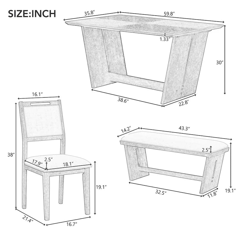Set da pranzo di 6 pezzi, set tavolo da pranzo e sedie da cucina in legno con tavolo rettangolare, 4 sedie imbottite e 1 panca