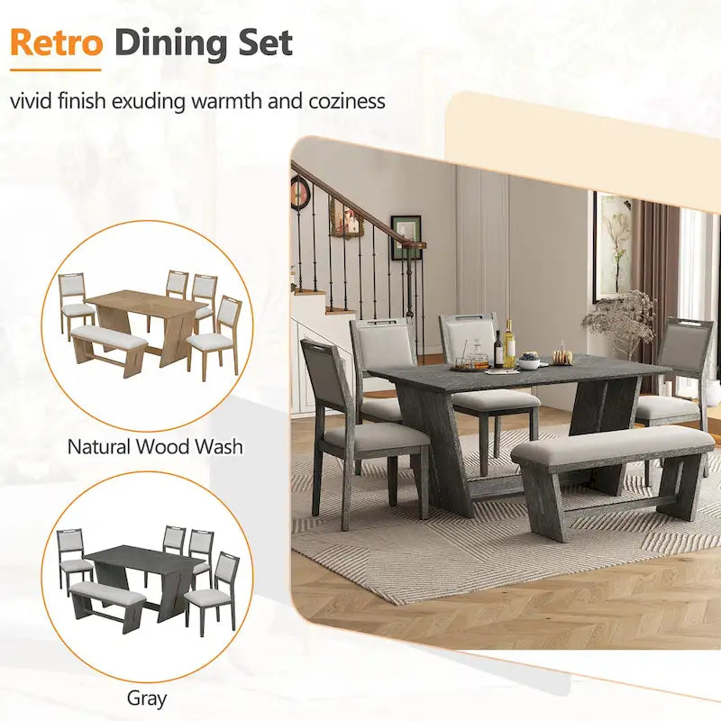 Set da pranzo di 6 pezzi, set tavolo da pranzo e sedie da cucina in legno con tavolo rettangolare, 4 sedie imbottite e 1 panca