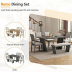 Set da pranzo di 6 pezzi, set tavolo da pranzo e sedie da cucina in legno con tavolo rettangolare, 4 sedie imbottite e 1 panca