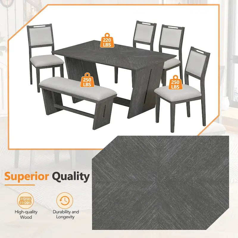 Set da pranzo di 6 pezzi, set tavolo da pranzo e sedie da cucina in legno con tavolo rettangolare, 4 sedie imbottite e 1 panca