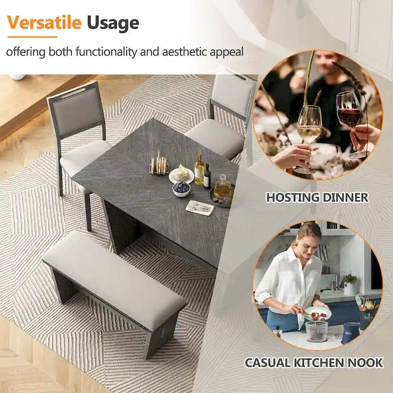 Set da pranzo di 6 pezzi, set tavolo da pranzo e sedie da cucina in legno con tavolo rettangolare, 4 sedie imbottite e 1 panca