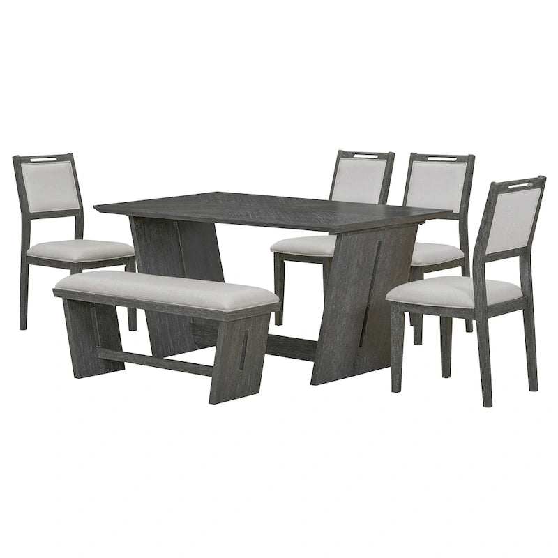 Set da pranzo di 6 pezzi, set tavolo da pranzo e sedie da cucina in legno con tavolo rettangolare, 4 sedie imbottite e 1 panca