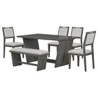 Set da pranzo di 6 pezzi, set tavolo da pranzo e sedie da cucina in legno con tavolo rettangolare, 4 sedie imbottite e 1 panca