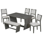 Set da pranzo di 6 pezzi, set tavolo da pranzo e sedie da cucina in legno con tavolo rettangolare, 4 sedie imbottite e 1 panca