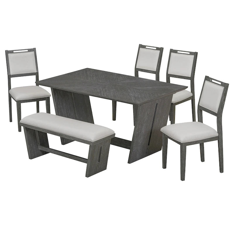 Set da pranzo di 6 pezzi, set tavolo da pranzo e sedie da cucina in legno con tavolo rettangolare, 4 sedie imbottite e 1 panca