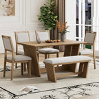 Set da pranzo di 6 pezzi, set tavolo da pranzo e sedie da cucina in legno con tavolo rettangolare, 4 sedie imbottite e 1 panca