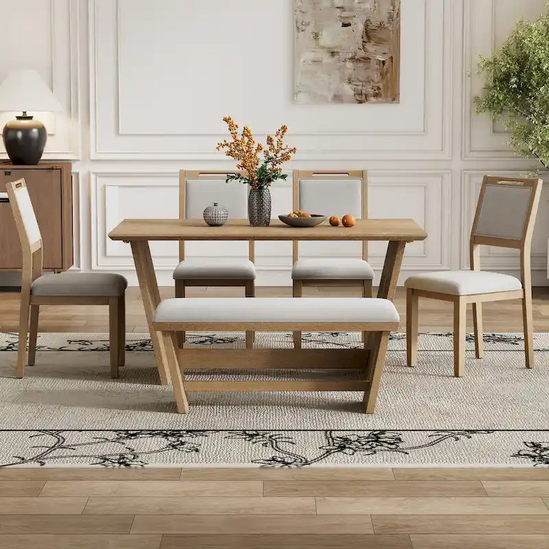 Set da pranzo di 6 pezzi, set tavolo da pranzo e sedie da cucina in legno con tavolo rettangolare, 4 sedie imbottite e 1 panca
