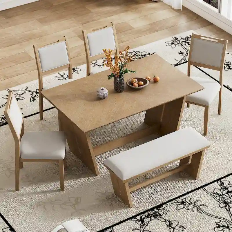 Set da pranzo di 6 pezzi, set tavolo da pranzo e sedie da cucina in legno con tavolo rettangolare, 4 sedie imbottite e 1 panca