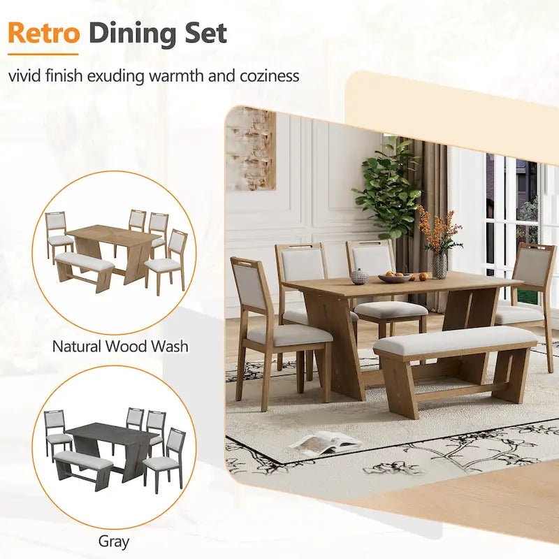 Set da pranzo di 6 pezzi, set tavolo da pranzo e sedie da cucina in legno con tavolo rettangolare, 4 sedie imbottite e 1 panca