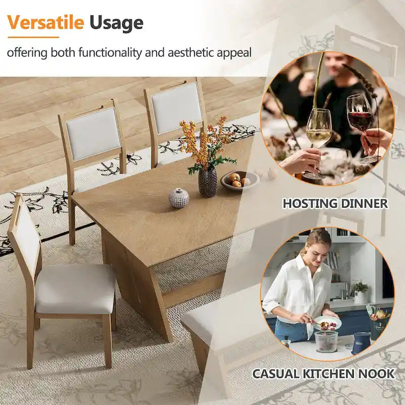 Set da pranzo di 6 pezzi, set tavolo da pranzo e sedie da cucina in legno con tavolo rettangolare, 4 sedie imbottite e 1 panca