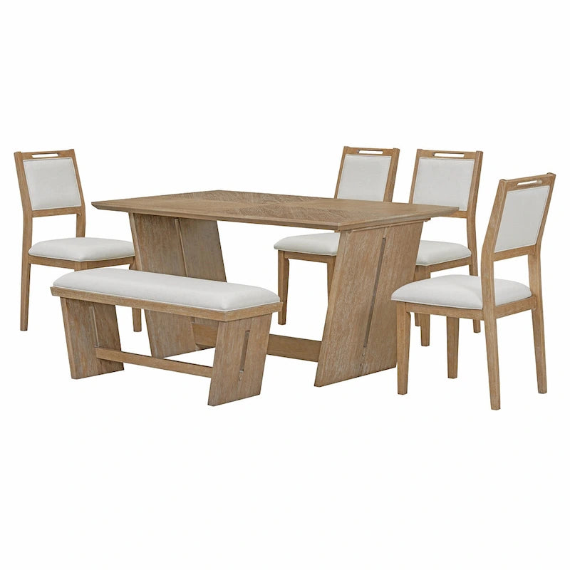 Set da pranzo di 6 pezzi, set tavolo da pranzo e sedie da cucina in legno con tavolo rettangolare, 4 sedie imbottite e 1 panca