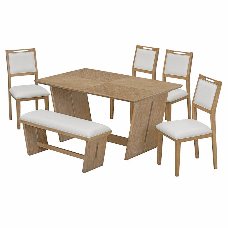 Set da pranzo di 6 pezzi, set tavolo da pranzo e sedie da cucina in legno con tavolo rettangolare, 4 sedie imbottite e 1 panca