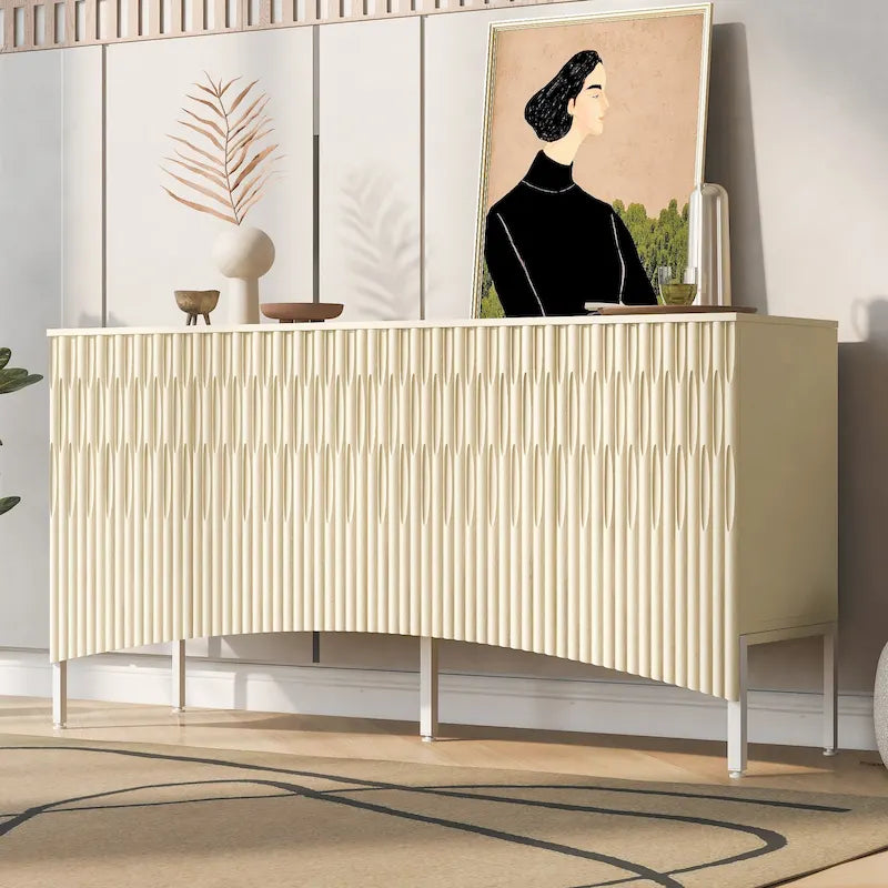 Madia Credenza con 4 Ante Inferiori Curve, Mobile Buffet con Gambe in Metallo, Tavolo Consolle con Ripiano Regolabile