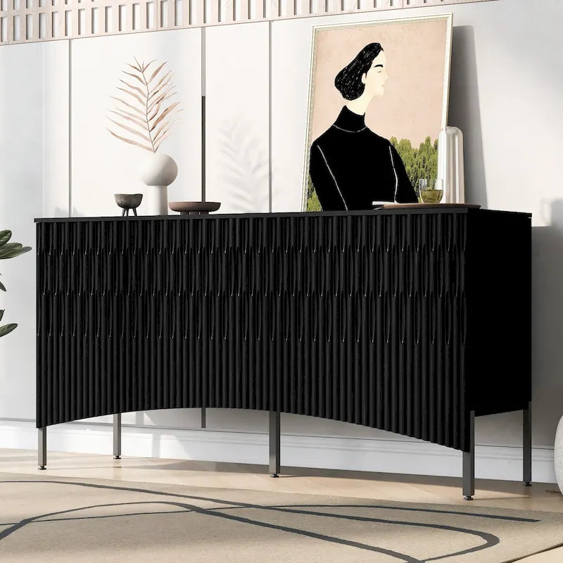 Madia Credenza con 4 Ante Inferiori Curve, Mobile Buffet con Gambe in Metallo, Tavolo Consolle con Ripiano Regolabile