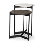 HomeRoots Set of Two Brown White and Black Marble Solid Wood and Metal Round Nested Tables - 16' X '24' X '16