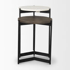 HomeRoots Set of Two Brown White and Black Marble Solid Wood and Metal Round Nested Tables - 16' X '24' X '16