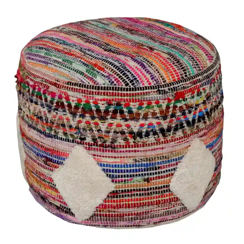 18 Inch Rainbow Cylinder Pouf Ottoman Geometric Design for Living Room