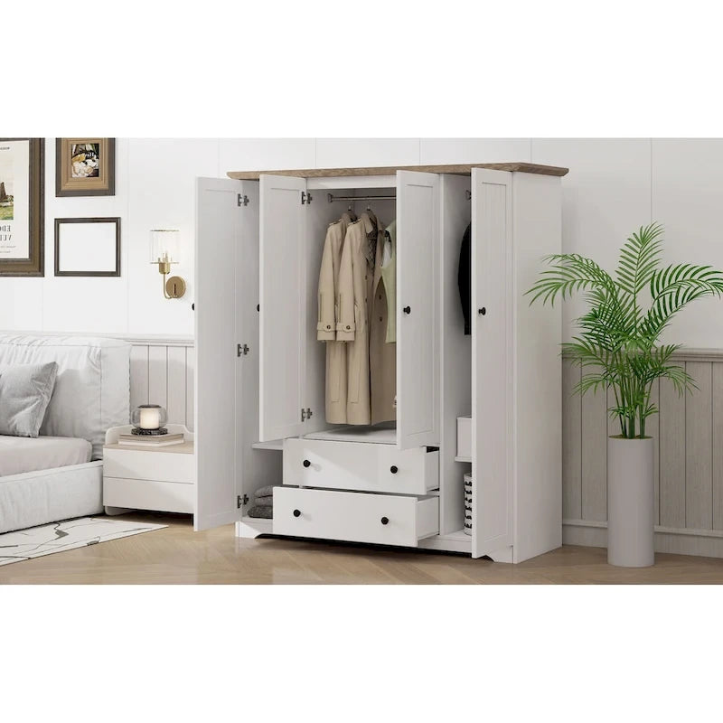 4 Door Wardrobe Armoire Closet with 2 Drawers, Freestanding Wardrobe Clothes Storage Cabinet with Hanging Rods