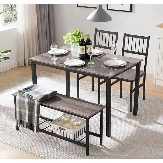 Set tavolo da pranzo per 4 persone Tavolo da pranzo da cucina con panche e 2 sedie Piano in legno e struttura in metallo Set da pranzo per angolo colazione