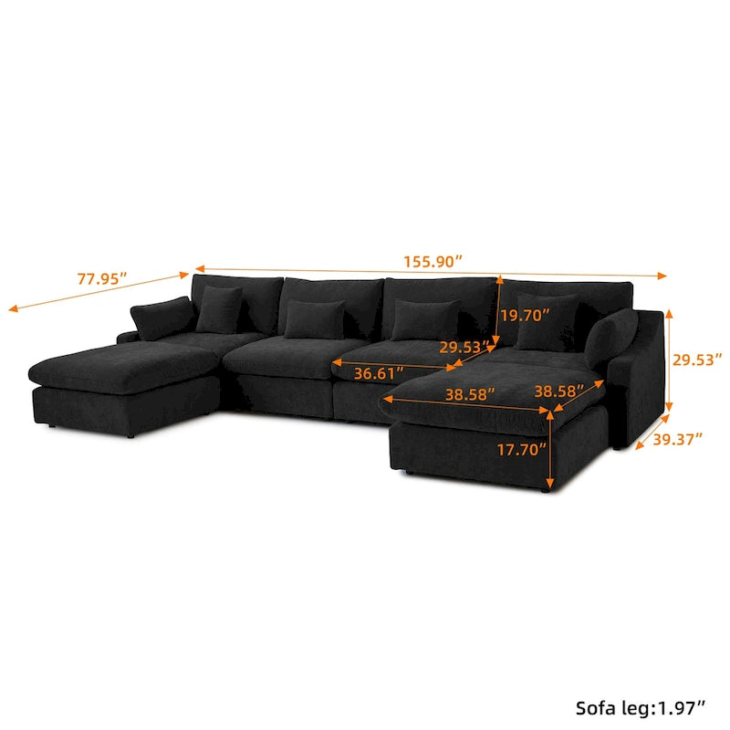 Minimalist Linen Sectional Sofa Down Filled Cloud Couch, U-Shape Deep Seat Couch with Cushions