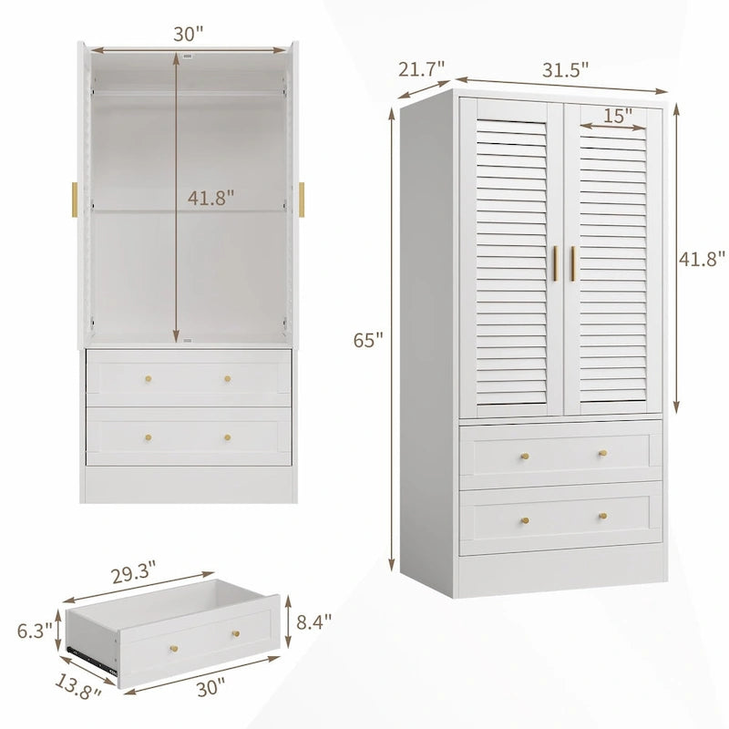 Wardrobe Armoire Closet with 2 Shutter Doors, White Wardrobe with Hanging Rods and 2 Drawers, Modern Bedroom Armoire