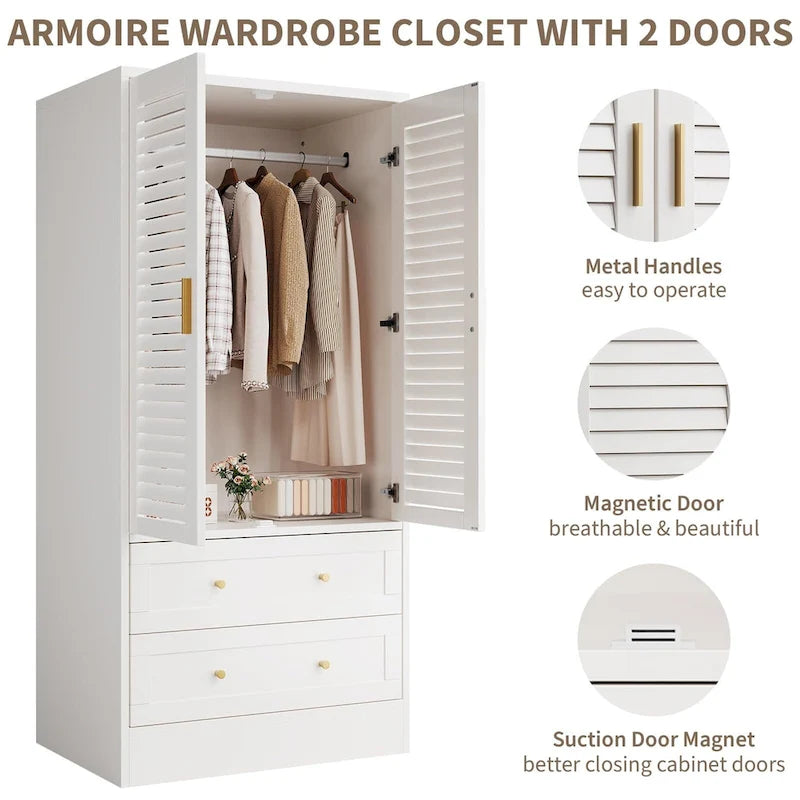Wardrobe Armoire Closet with 2 Shutter Doors, White Wardrobe with Hanging Rods and 2 Drawers, Modern Bedroom Armoire