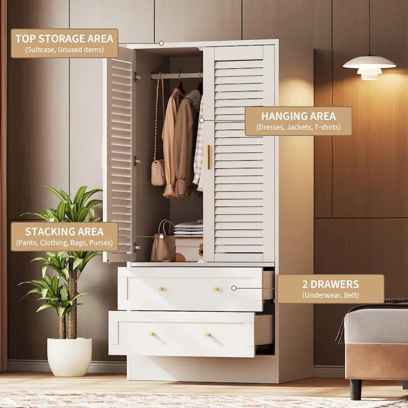 Wardrobe Armoire Closet with 2 Shutter Doors, White Wardrobe with Hanging Rods and 2 Drawers, Modern Bedroom Armoire