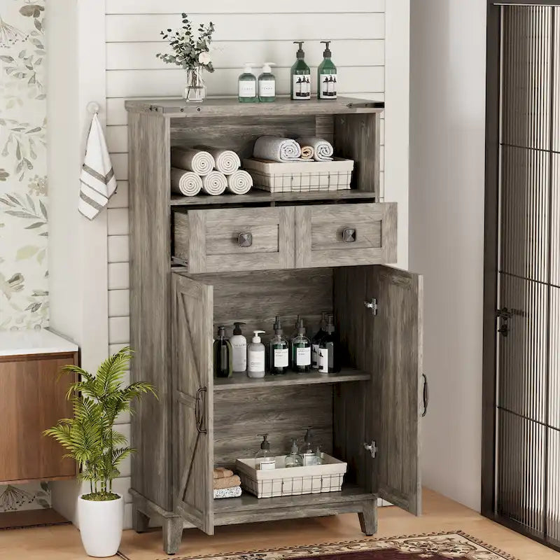 EROMMY Farmhouse Storage Cabinet with Doors and Adjustable Shelves, Small Freestanding Floor Cabinet , Narrow Organizer - N/A