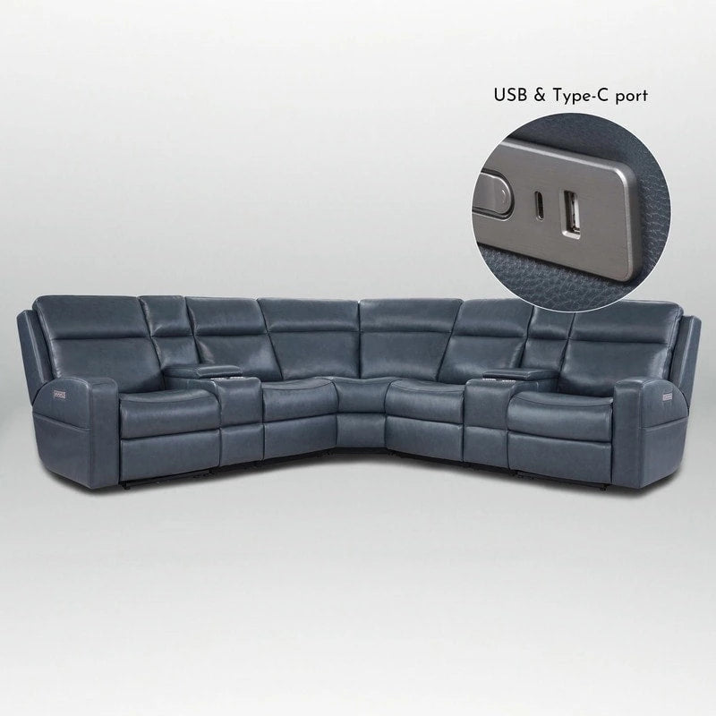 Divano angolare reclinabile elettrico in vera pelle 110 W con contenitore, porta USB e USB-C per soggiorno