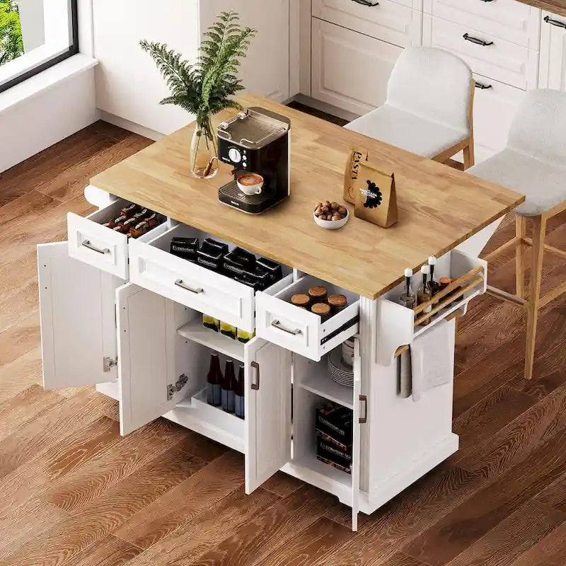 54Inch Large Kitchen Island With Rubber Wood Drop Leaf(no include stool)