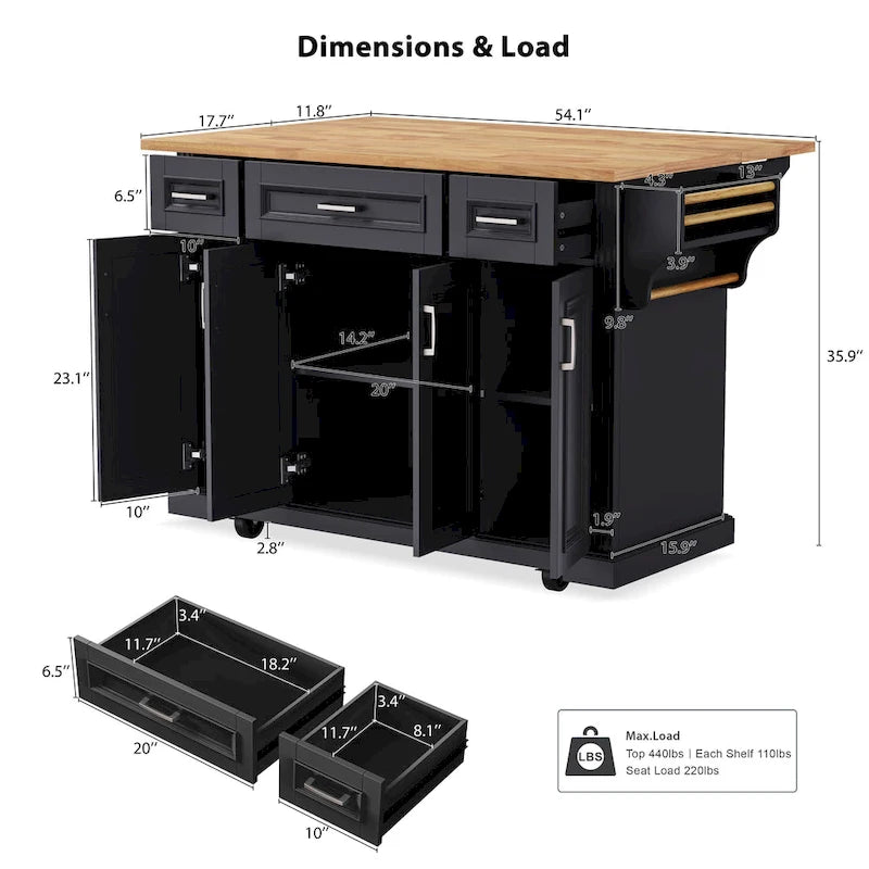 54Inch Large Kitchen Island With Rubber Wood Drop Leaf(no include stool)