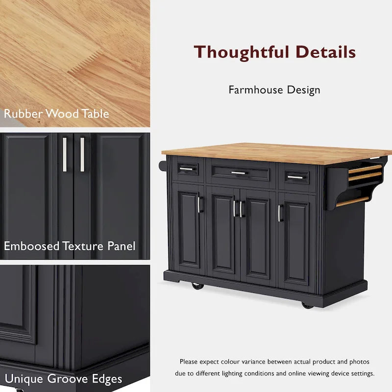 54Inch Large Kitchen Island With Rubber Wood Drop Leaf(no include stool)